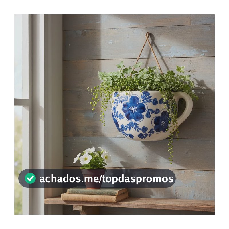 Floreira Parede Cerâmica Xícara Floral Azul Vaso Decorativo Branco Floral
