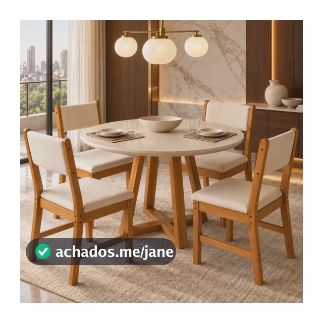 Sala de Jantar Mesa Redonda Valentina Off White Nature com 4 Cadeiras Lugano Freijó Marfim Estofadas Suede Sala Cozinha Moderna