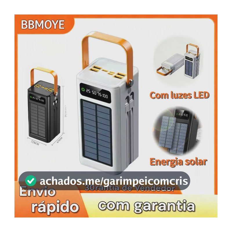 Power Bank Solar 50.000 mAh Carregador Portátil Turbo com Display LED e Lanterna para Viagem e Emergência BBMOYE