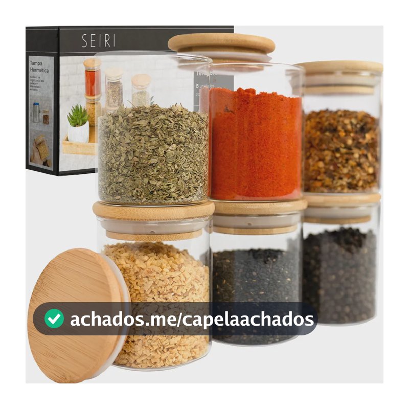 Kit 6 Potes Porta Temperos Vidro Borossilicato Hermético Tampa Bambu Organizador Cozinha 200 ml Seiri