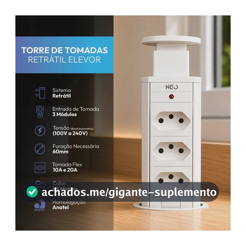 Torre 3 Tomadas Embutir Retrátil Elevor Para Bancada Branco Cod: 370025676 Neo Avant