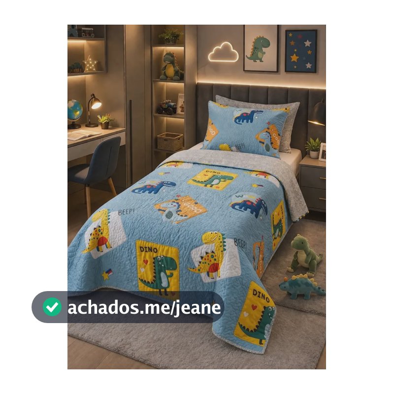 Kit Colcha Boutis Cobre Leito Solteiro Infantil 2 Peças Fofo Dupla Face Dino