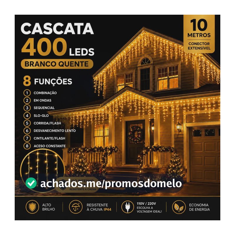 Cascata Natal com 8 Funções 400 Leds 10 Metros Branco Quente Extensível Macho Fêmea A Prova D'agua área interna e externo para Casa e Apartamento LARUNO