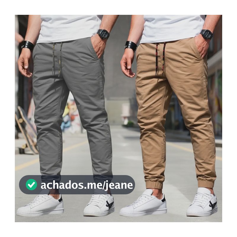 Kit 2 Calça Jogger Sarja Masculina Slim Jeans Sarja 4 Bolsos Bege - Cinza Liso G