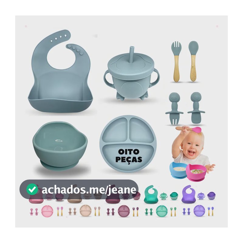 Kit Refeição Bebê Prato Babador Copo Talher Silicone Ventosa Cor Azul