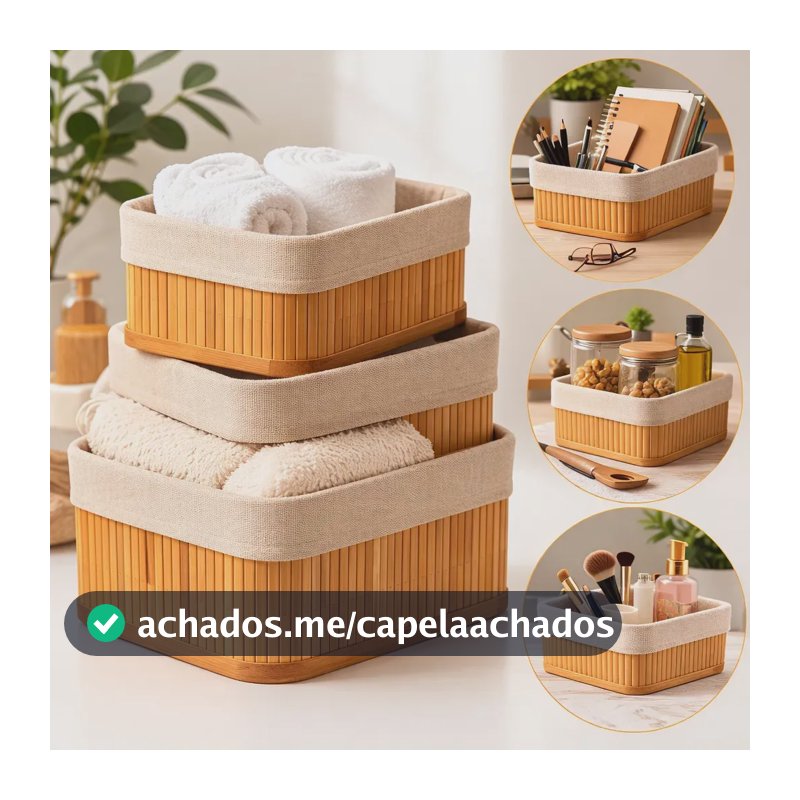 Kit 3 Cestos Organizadores de Bambu Retangulares com Forro Lavável Multiuso Organizar Casa Banheiro Cozinha Guarda-Roupa Lavanderia Armazenamento de Objetos - Nany Pink