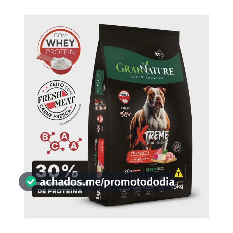 Ração Whey Protein Grannature Xtreme Alta Performance 30% Proteína para Cães Adultos raças Médio E Grande Porte Alimento Seco Sabor Frango Super Premium Com Bcaa Sem Corantes Saúde Articular 15kg