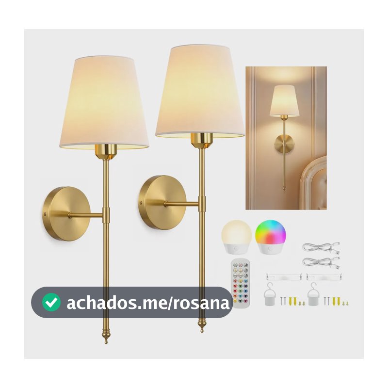 Kit 2 Arandelas Rgb Tocheiro Dourada C/ Cúpula Tecido Cru 127/220v Dourado