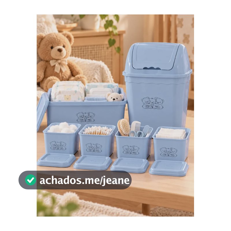 Kit Organizador Cuidado Higiene Bebê 6 Peças Lixeira E Potes Azul-aço