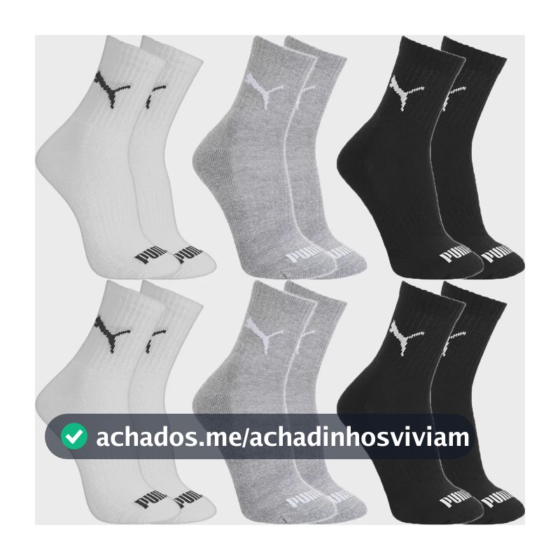 Kit 6 Pares Meias Puma Algodão Cano Médio Alto Atoalhado 2 Pretas, 2 Cinzas E 2 Brancas G - 39 A 43