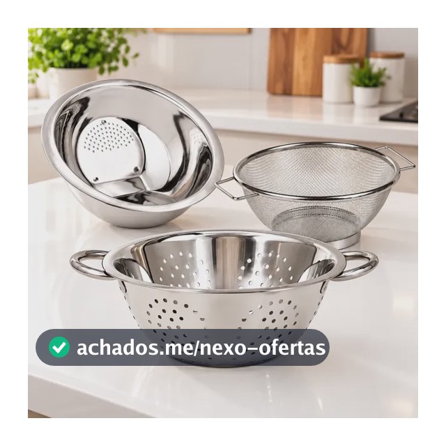 Kit 3 Escorredores Inox Arroz Macarrão Legumes Multiuso Aço Inox