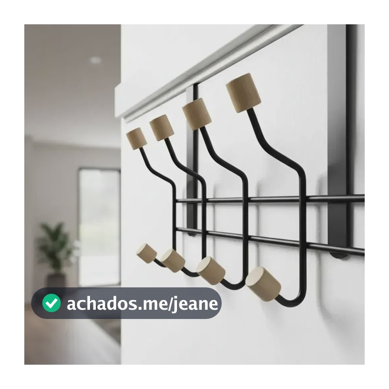 Cabide De Porta Metal 10 Ganchos Madeira Banheiro E Quarto Preto