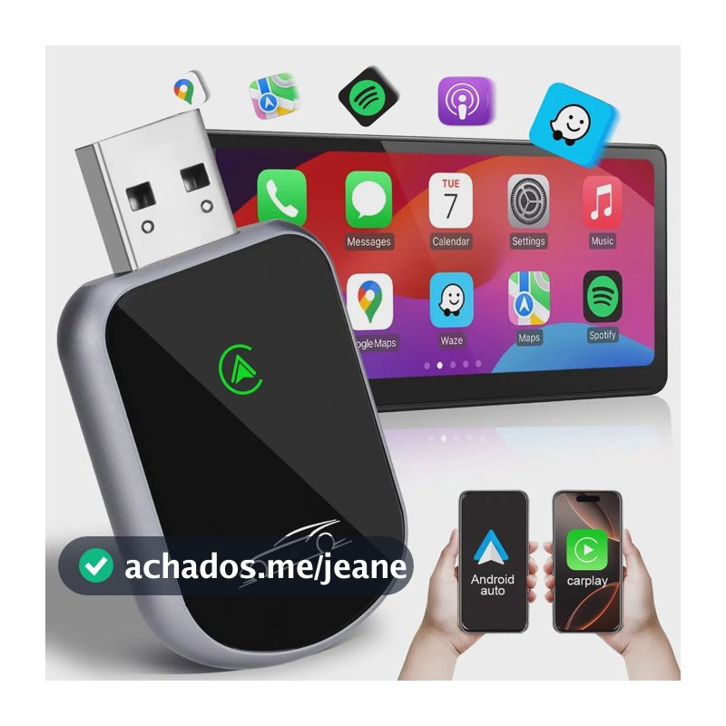 Adaptador CarPlay Sem Fio e Android Auto Wireless para USB/USB-C, com iPhone e Android, Plug and Play
