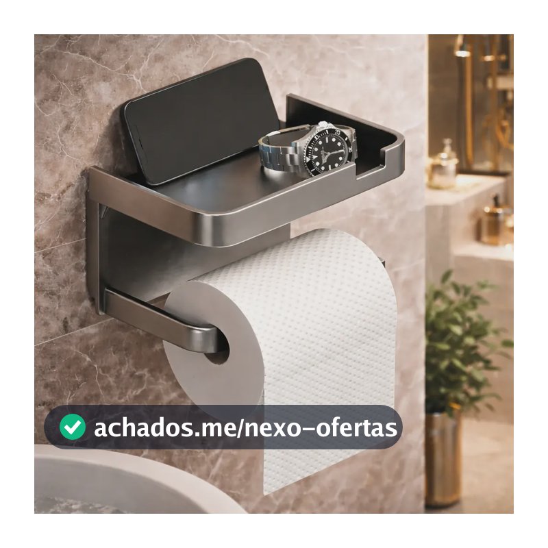 Suporte Papel Higiênico Adesivo De Parede Com Prateleira Porta Celular Sem Furo Ligeiro Cinza