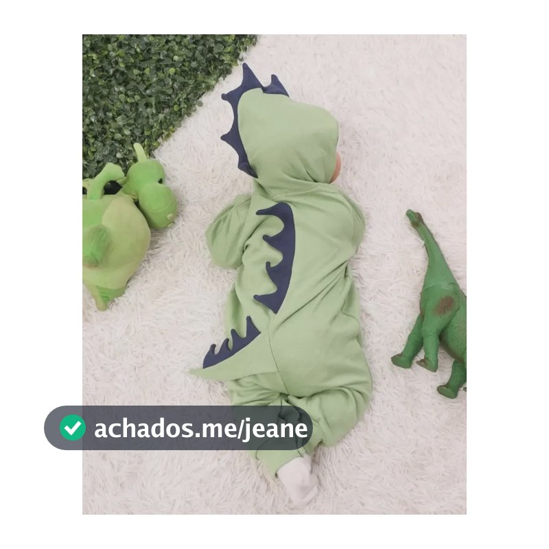 Macacão Longo Tipo Fantasia Dino C/ Capuz 100% Algodão Macio Verde Dinossauro P