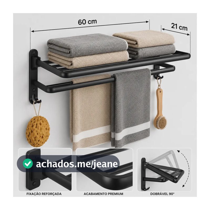 Porta Toalha Para Banheiro De Parede Preto Fosco 60cm Com Ganchos Suporte Toalheiro Duplo Grande