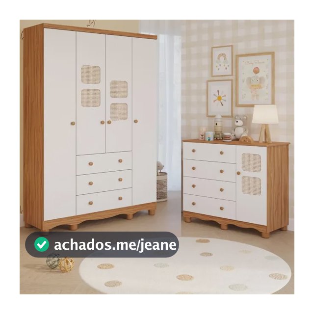 Quarto De Bebê Completo Guarda Roupas Cômoda 100% Mdf Telinha Amêndoa Com Branco