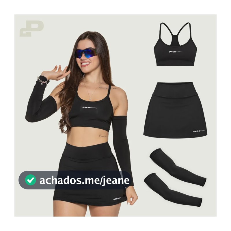 Conjunto Beach Tennis Feminino Short Saia Top Manguito Uv Preto M