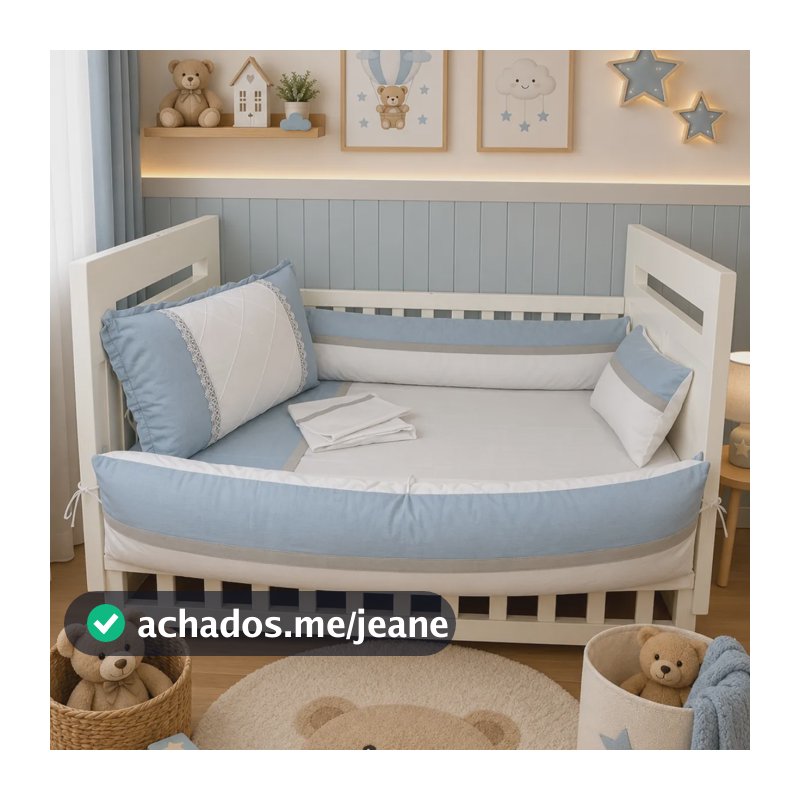 Kit Berço Americano 7 Peça Percal 200 Fios 100% Algodão Bebê Liso Azul Bebe E Cinza