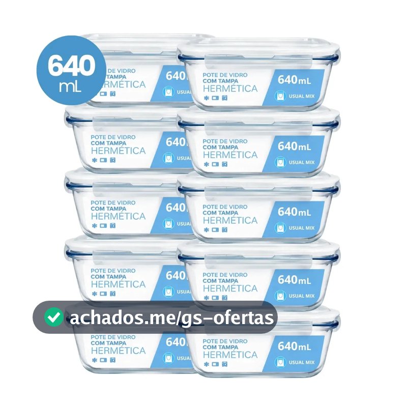Kit 10 Pote Vidro Hermético Marmita 640ml Micro-ondas Freezer Forno Organização Geladeira