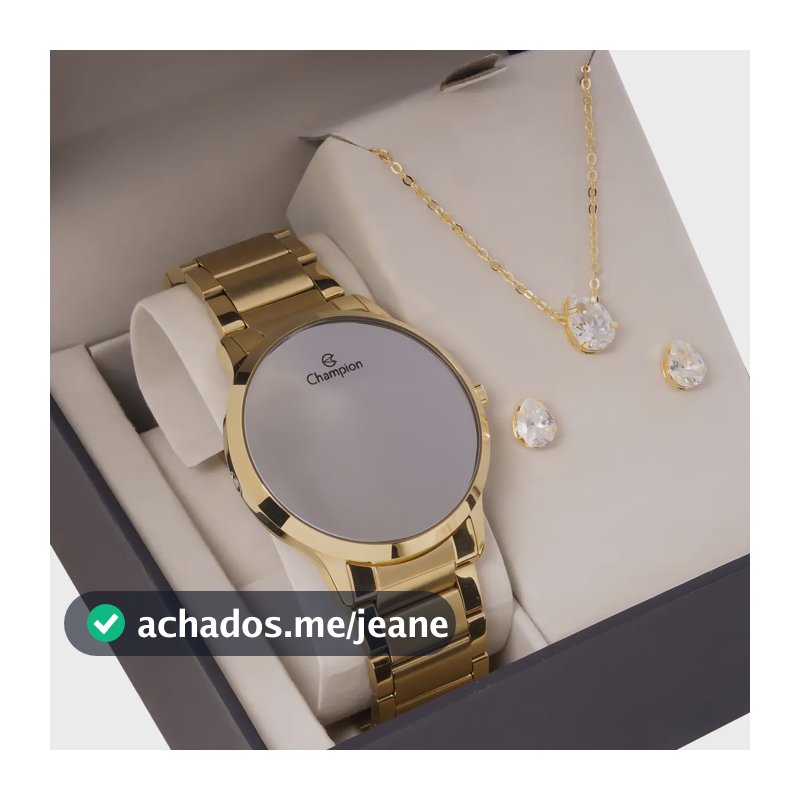 Kit Relógio Feminino Champion Digital CH40142B 42 Milímetros Dourado Display Espelhado Led Branco Prova D´Agua 50m com Colar e Brincos