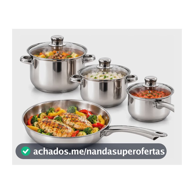 Jogo De Panelas Inox Fundo Triplo 4 Peças Com Tampa De Vidro Prateado