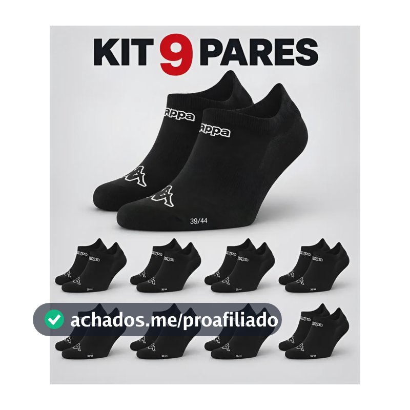 Kit 9 Pares Meias Kappa Sapatilha Soquete Invisível Original Preto 38-43