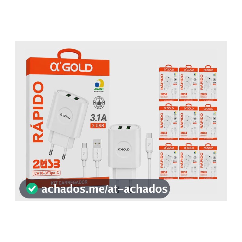 Kit 10 Carregador + Cabo Tipo C 2 Usb Rápido Atacado Revenda Branco