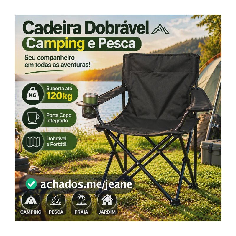 Cadeira Dobrável Camping Pesca com Porta Copo Bolsa Portátil Resistente até 120kg para Praia Jardim e Lazer