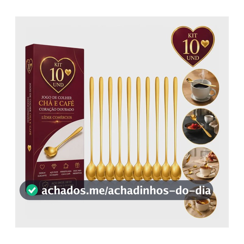 Kit 10 Colheres Aço Inox Douradas Heart Coração 13cm Classic Dourado