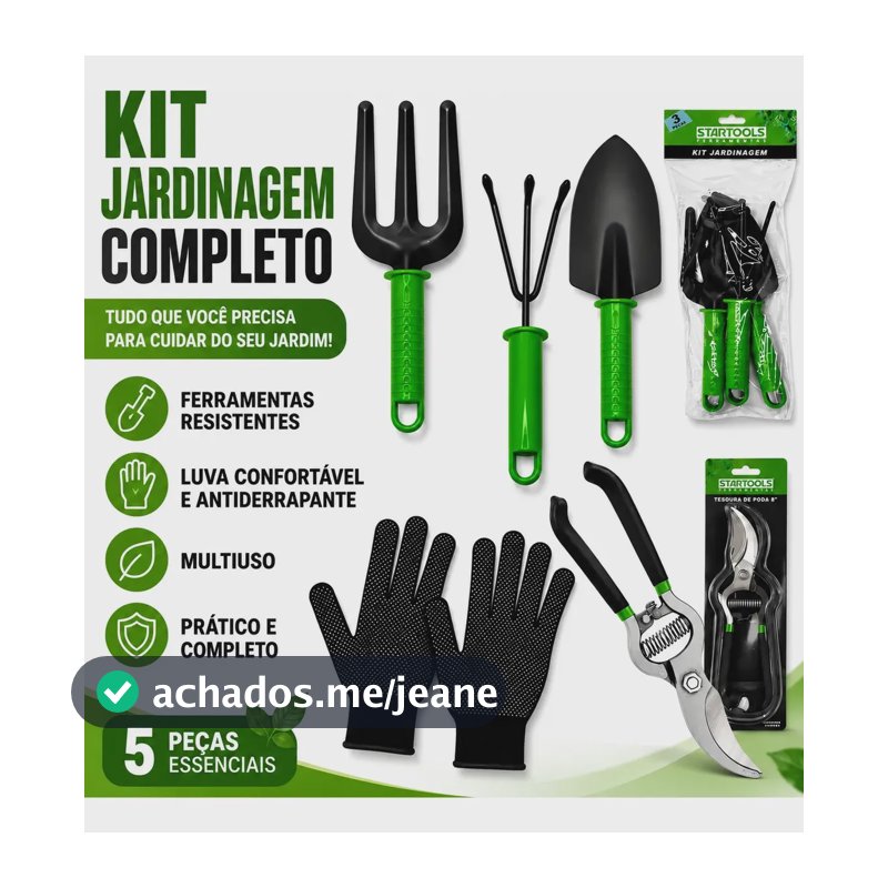Kit Jogo Jardinagem Jardim Pá Tesoura Poda Luva 5 Peças