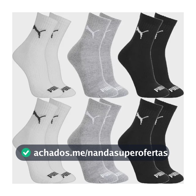 Kit 6 Pares Meias Puma Algodão Cano Médio Alto Atoalhado
