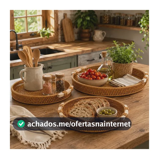 Kit 3 Bandejas Redondas de Palha com Alça Madeira para Servir Café Frutas Decoração