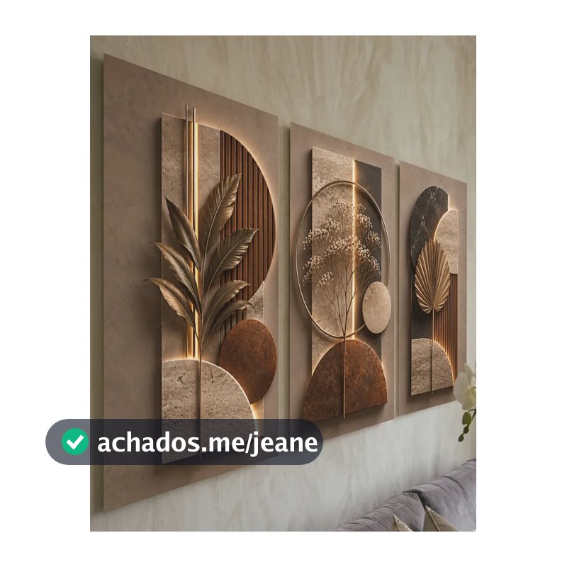 Conjunto 3 Quadros Geométricos Marrom Dourado Sala Moderna Marrom, Dourado Marrom-claro