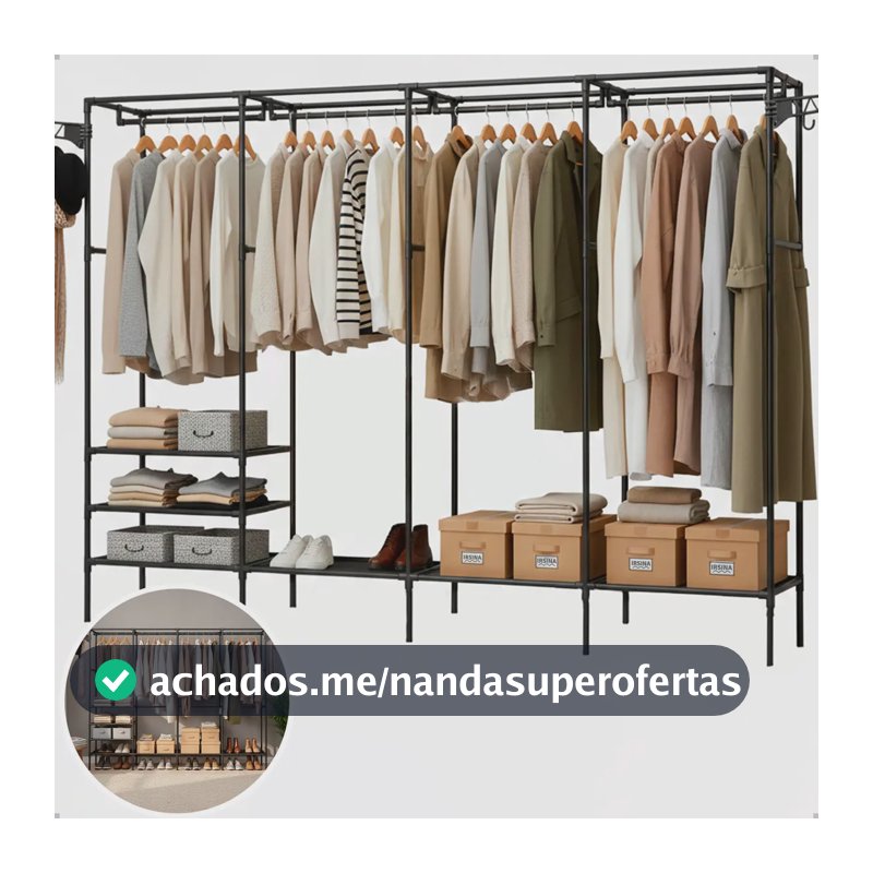 Guarda Roupa Cabideiro Organizador Closet Aberto Desmontavel Arara Divisórias 10 Prateleiras Aço Resistente Preto Irsina