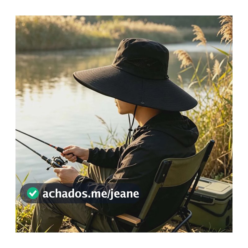 Chapéu Sol De Abas Largas, Proteção Uv Para Trilha E Pesca Preto M