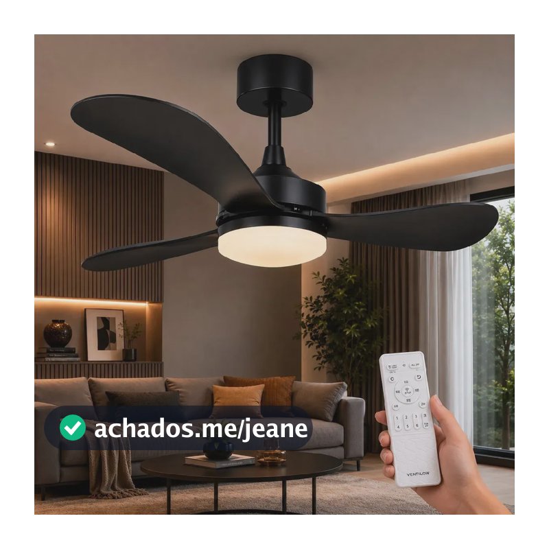 Ventilador de Teto Ventilow Neon Preto, 85 cm, com LED Dimerizável e Controle Remoto, para Quarto e Sala
