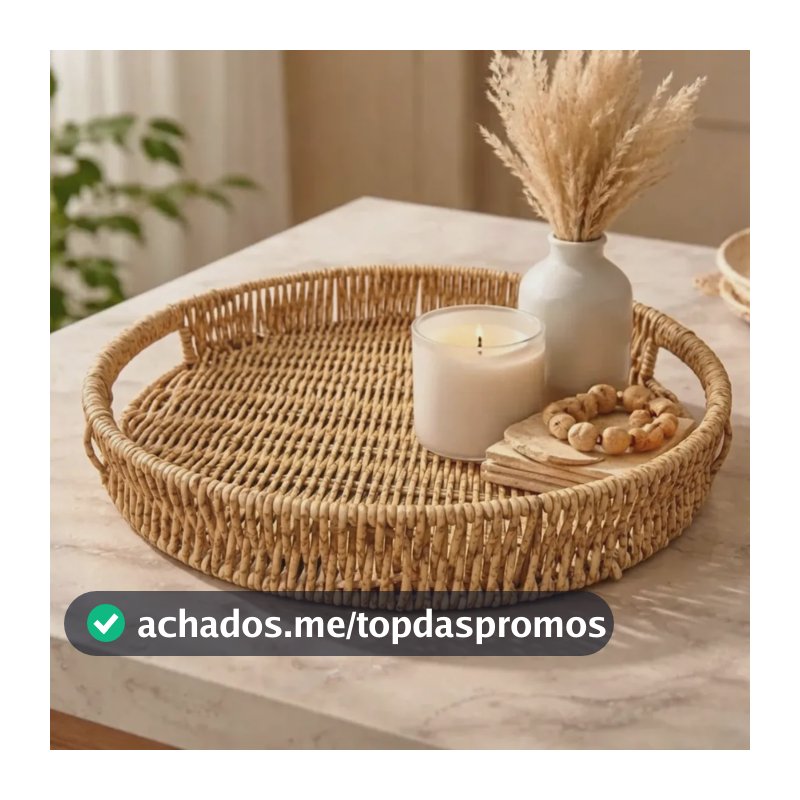 Bandeja Redonda Organizadora Decorativa Rattan Vime Café Palha