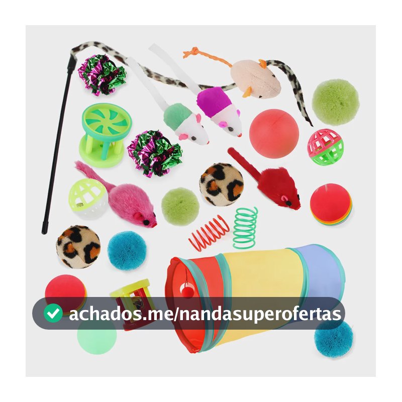 Kit Brinquedos Para Gatos Com Túnel 50cm E 24 Interativos Diversos
