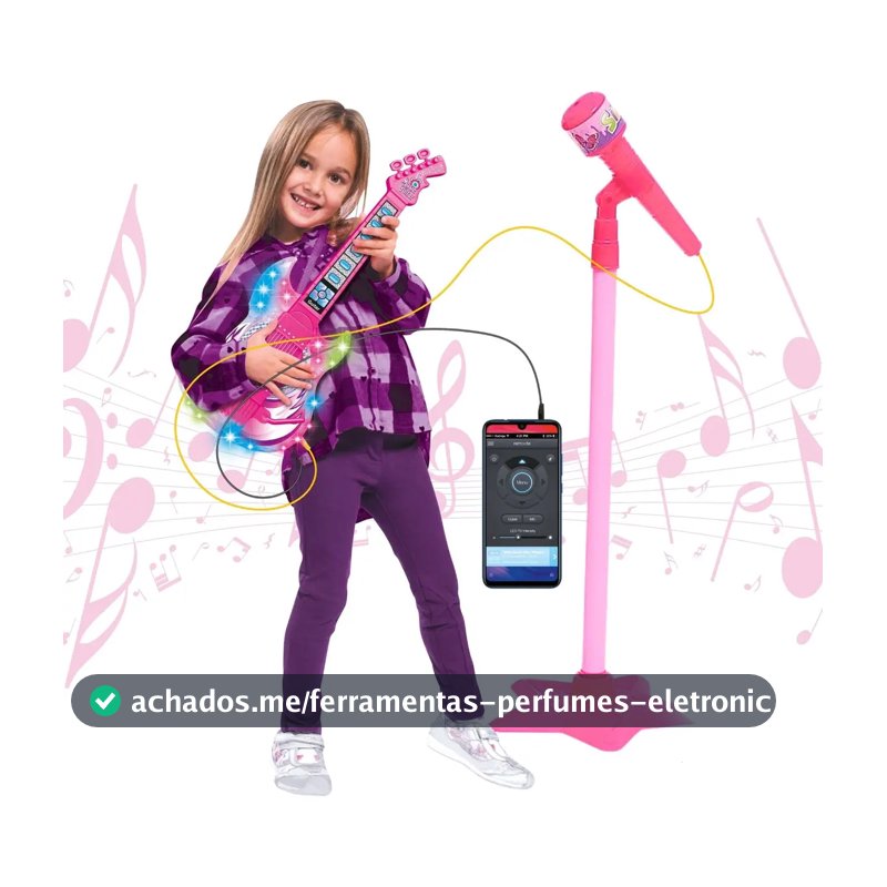 Guitarra E Microfone Infantil Instrumento Brinquedo Musical Cor Rosa Atentu