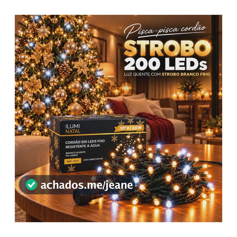 Cordão Strobo Pisca Pisca Natal Blindado 20m 200 Leds P/ Árvore Natal Decoração Shopping Prova D'água Ip44 Fio 1.8mm Lph 20 Metros Contínuos Conexão Macho Fêmea Branco Quente Strobo Frio 110v