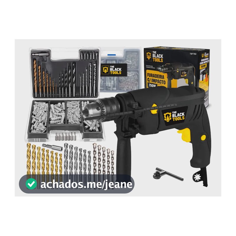 Furadeira De Impacto 13mm 750w Profissional Com Kit Brocas Buchas E Bits 300 Peças The Black Tools