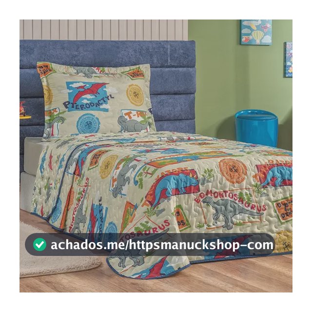Kit Cobre Leito Colcha Infantil 2 Peças Dupla Face Matelado Cor Dino