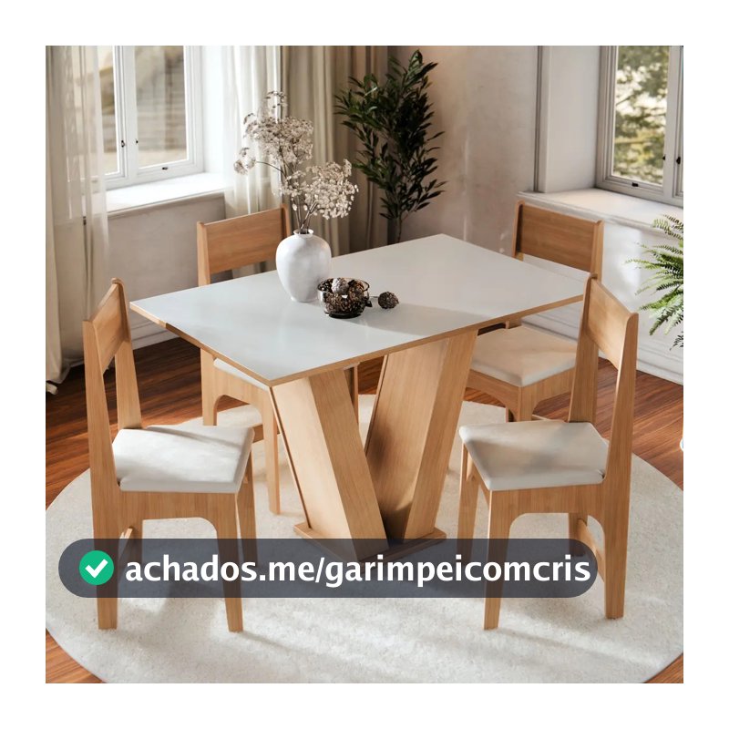 Conjunto Sala de Jantar 4 Lugares com Cadeiras Estofadas Mesa Com Tampo Retangular Semelhante Vidro Base V Mel Branco Off White