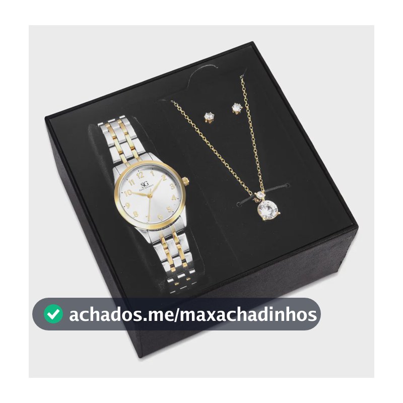 Kit Relógio Colar e Brincos Ponto De Luz Dourado e Prateado Feminino Luxo Saint Germain 28mm