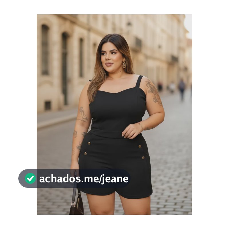 Macaquinho Feminino Plus Size Curto Botão Confortável Luxo Preto Liso G1 (48 Ao 50)