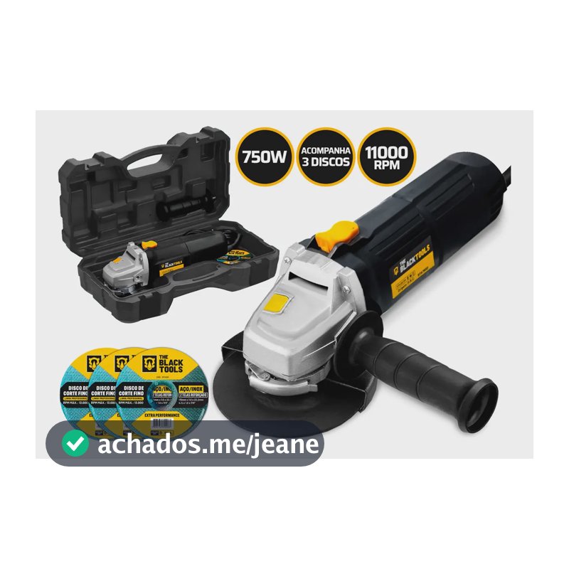 Esmerilhadeira lixadeira angular 750w 4.1/2 pol 115mm 11000rpm com maleta e discos bta780d The Black Tools