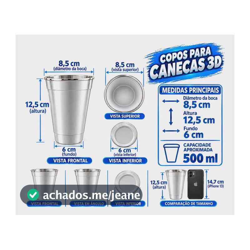 Copo  Para Caneca 3d 500ml Aluminio Prata