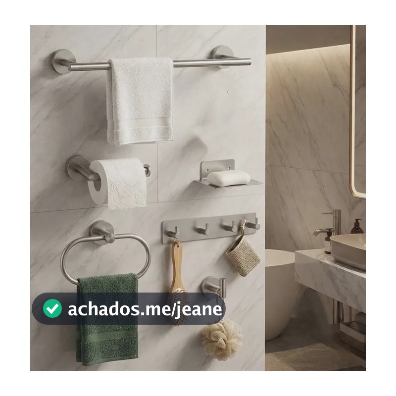 Kit Acessórios Banheiro Lavabo Inox 6peças Yesop Acabamento Prateado Escovado Suporte Para Toalhas Porta-Papel Higiênico Argolas Para Toalhas Saboneteira Ganchos
