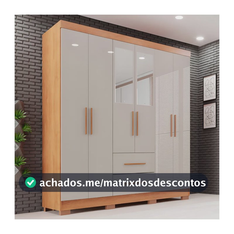 Guarda-roupa Casal com Espelho 6 Portas 2 Gavetas Sallêto Cinamomo/Off White